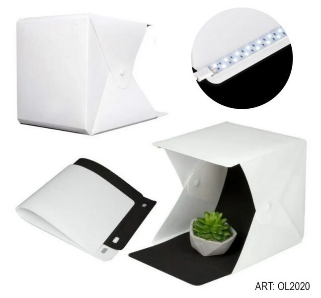 CAJA PARA FOTOGRAFÍAS CON LUZ LED Y 2 COLORES DE FONDO (NEGRO Y BLANCO) 20X20X20CM OL-2020
