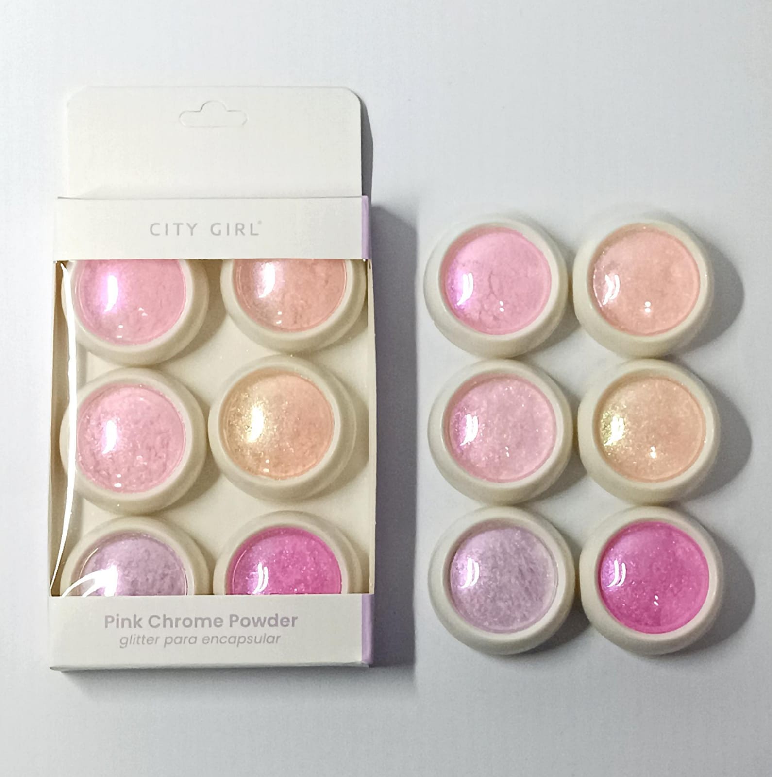 SET DE POLVOS CROMO ROSAS (PINK CHROME POWDER) X6PCS CITY GIRL GO-40477*288
