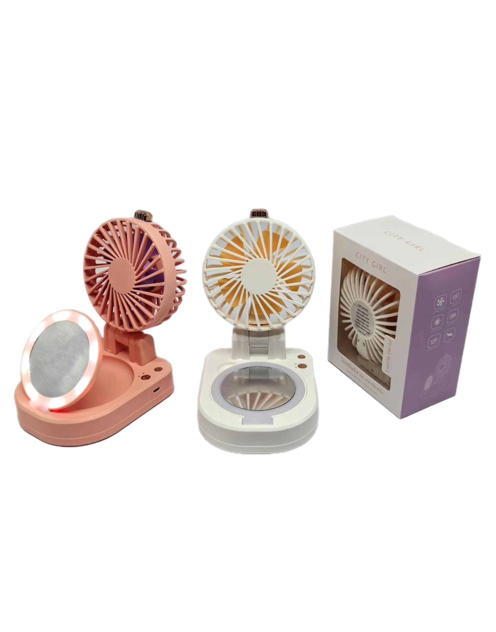 VENTILADOR DE ESCRITORIO CON ESPEJO CON LUZ, 2 COLORES CITY GIRL YC-035*72