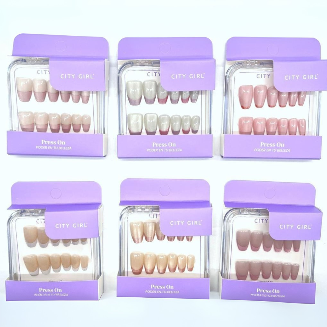 PRESS ON UÑAS POSTIZAS COFFIN FRENCH + OJO DE GATO CITY GIRL GO-25012