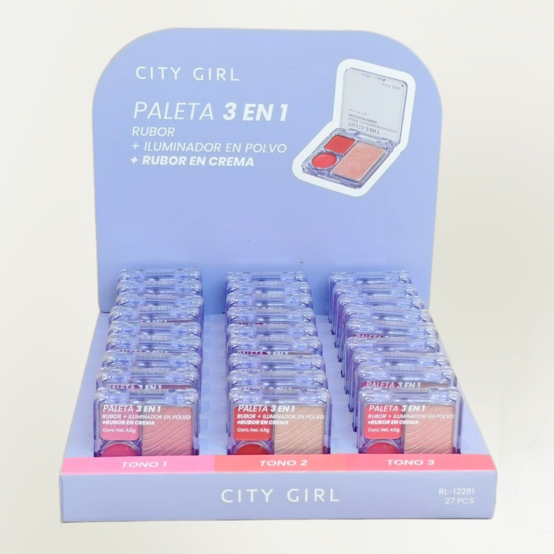 PALETA 3 EN 1 RUBOR + ILUMINADOR EN POLVO + RUBOR EN CREMA CITY GIRL RL-12281*216