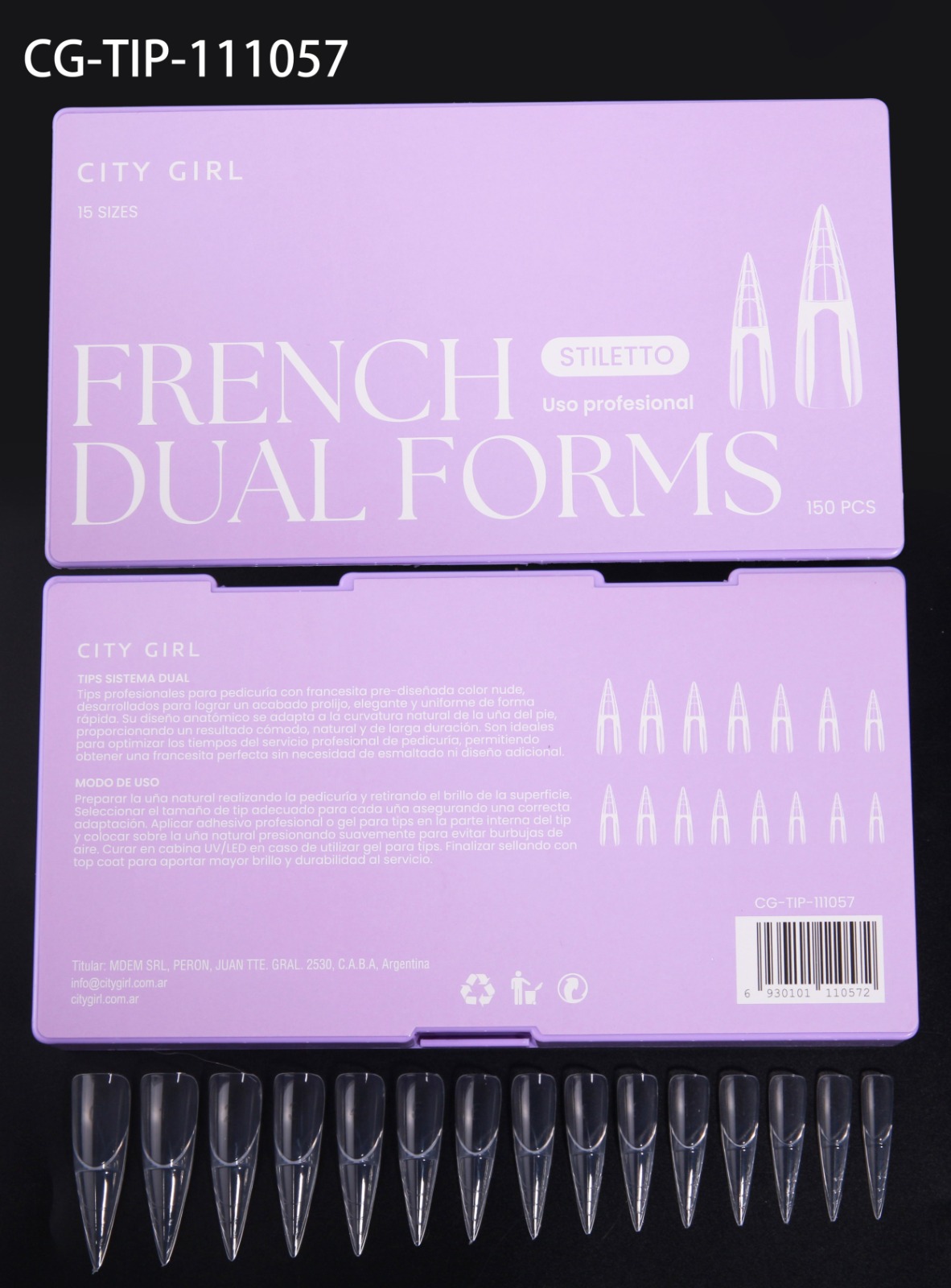 MOLDES DUALES PARA EXTENSIÓN CON FRANCESA ESTRUCTURAL STILETTO, X150PCS CITY GIRL CG-TIP-111057*100